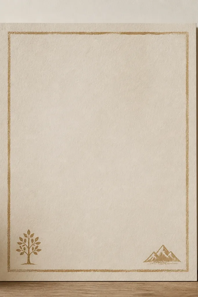 A 14x18 board with textured sandstone-colored paper. A hand-painted thin border in darker sand frames a central printed verse. Two small paint-stamped icons sit near the bottom corners.