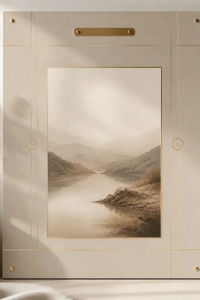 A warm beige board with a centered scripture print. Around the print are gold foil lines like a coordinate grid - thin straight lines and two small gold circles. The corners have small gold foil dots, and the top includes a tiny brass nameplate with no words.