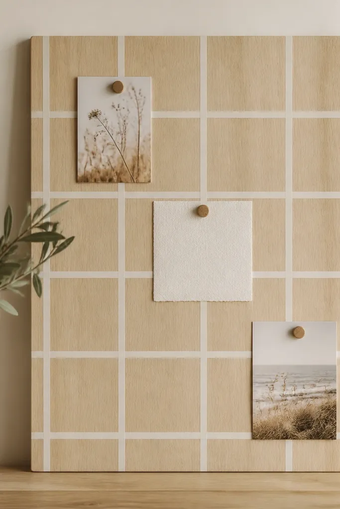 A 12x16 board with a light wood backing. White tape creates a neat grid. A central verse block sits inside one grid square. Small pin cards fill two other squares.