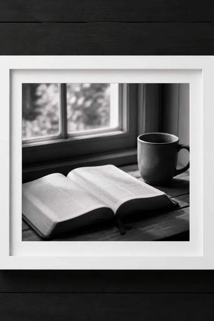 A black board with a centered black-and-white scripture photo in a thick white frame. The frame sits raised on the board. Small silver screw heads appear along the left and right edges like hardware accents.