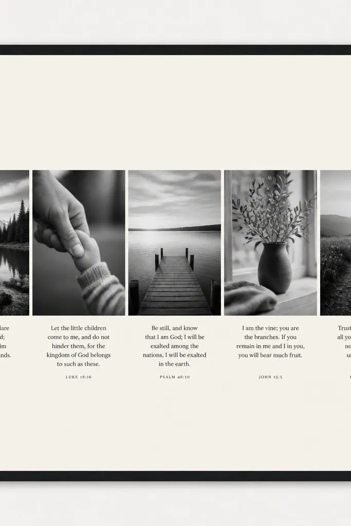 A 16x20 board with a matte black border and a cream background. A horizontal strip of black-and-white photos runs across the center. Small scripture captions sit under each photo in neat blocks.