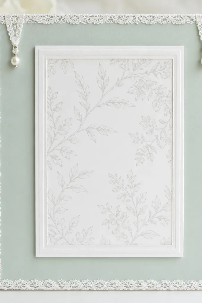 A seafoam green board with a white lace border along the edges. The center has a raised white mat with a pale gray scripture print. Two small pearls hang from lace loops at the top corners.
