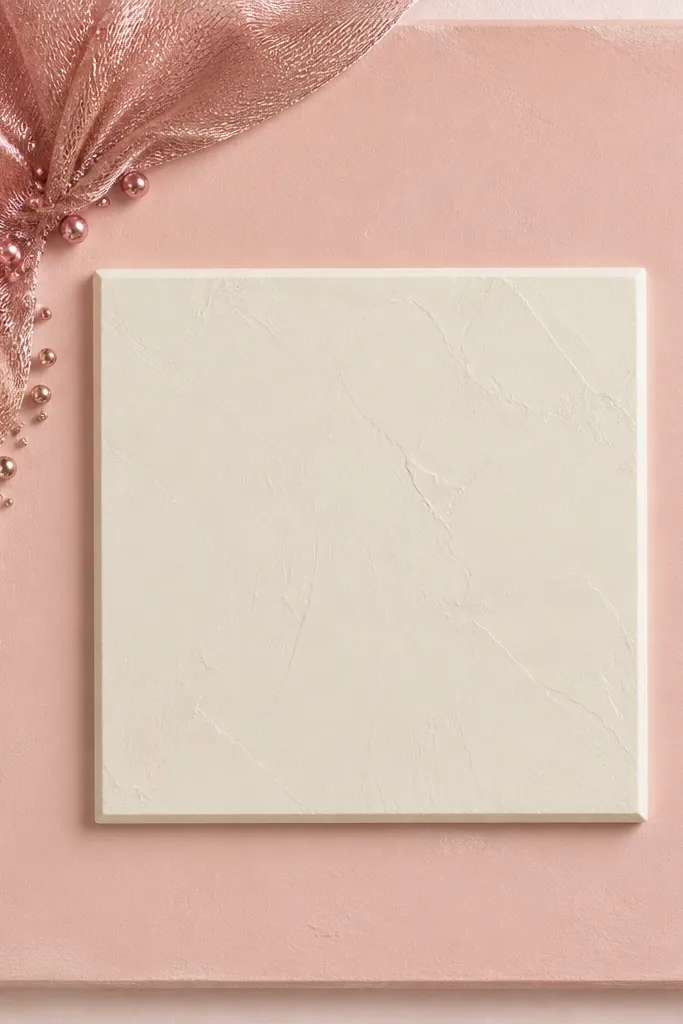 A blush pink board with a rose gold mesh ribbon gathered in the top left corner. The center has a raised cream scripture panel. Tiny rose gold beads sit along the gathered ribbon edge.