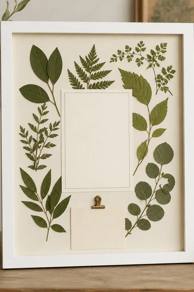A 16x20 white-framed board with a cream backing. Pressed green leaves sit around a central printed prayer verse. A small brass clip holds a tiny request card at the bottom.