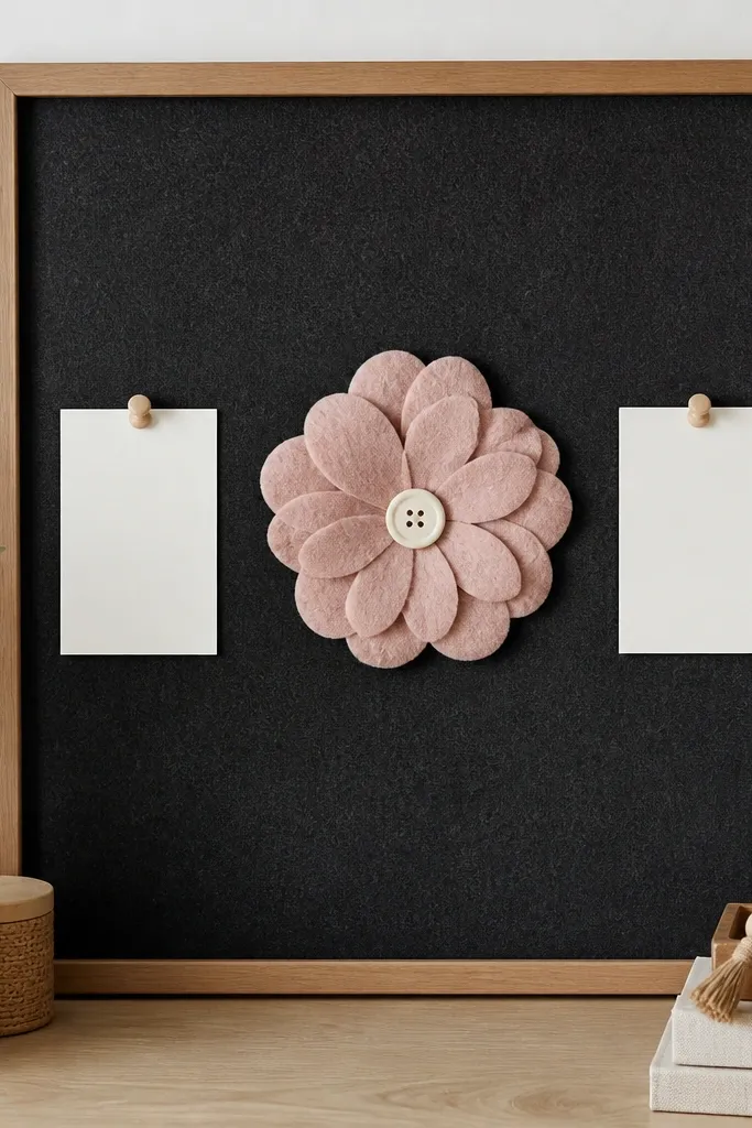A charcoal felt board with a center blush felt flower. In the middle of the flower is a small round button with a printed prayer word. Two small pinned cards sit symmetrically on each side.