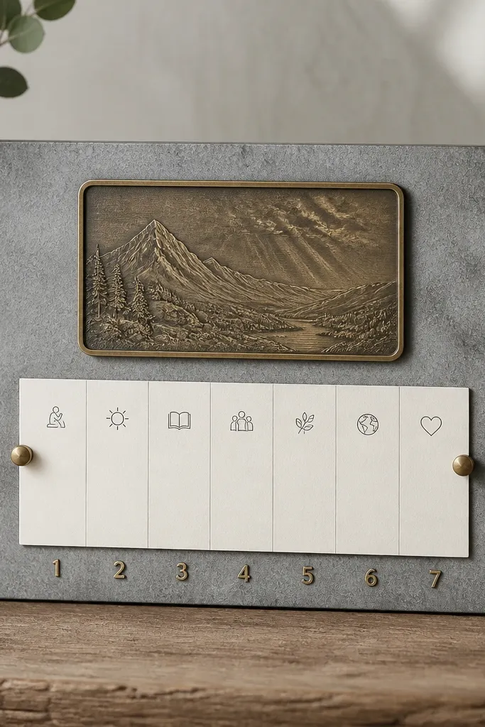 A stone gray prayer board with a concrete-texture finish. The center has a raised brass-edged scripture panel. Along the bottom are tiny brass numbers (1-7) aligned under a prayer checklist card.