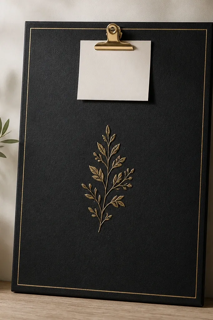 A 12x16 board covered in black leatherette. Centered gold foil-looking vinyl verse. Thin gold border lines near the edges. A single gold clip holds one card at the top.