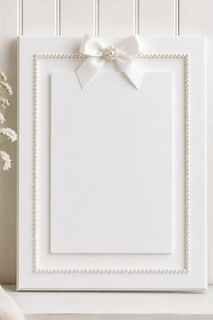 A white prayer board with vertical wood slats on the background. The center has a raised scripture print on a white mat. Around the mat is a thin pearl trim line, and a small pearl-and-white bow sits at the top center.