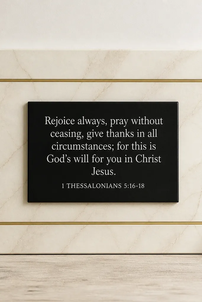 A cream prayer board covered in marble-look vinyl. Centered is a raised black rectangle with white scripture text. Thin gold lines run horizontally above and below the black rectangle.