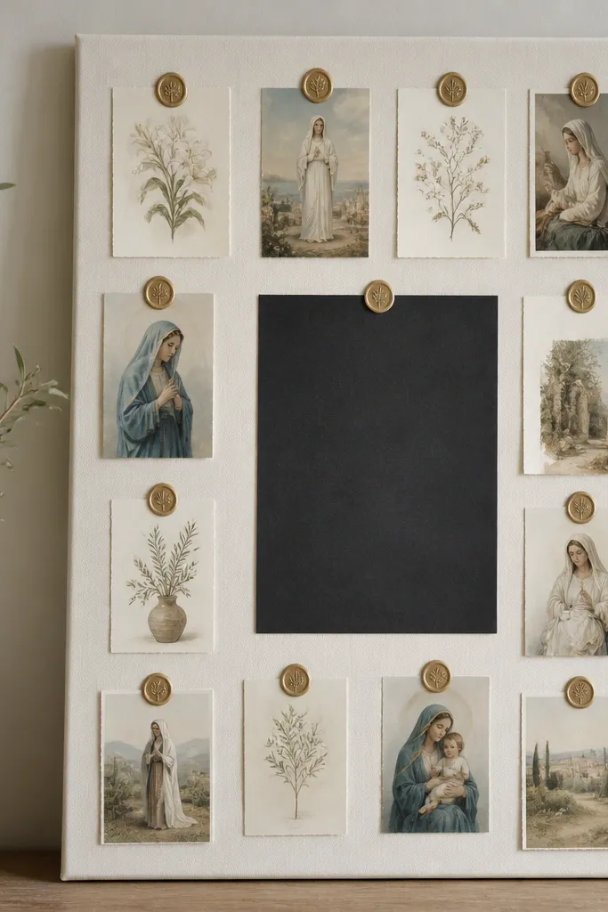 A 16x20 board with cream backing. Several small round wax-seal style stickers hold prayer cards. A central verse block sits in a dark charcoal rectangle.