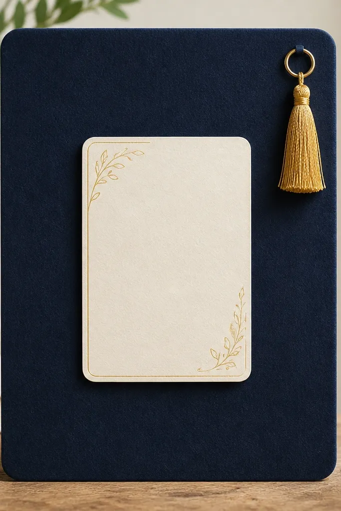 A deep navy felt prayer board. The center has a raised cream scripture card with gold foil accents. At the top right hangs a small gold tassel attached to a brass ring.