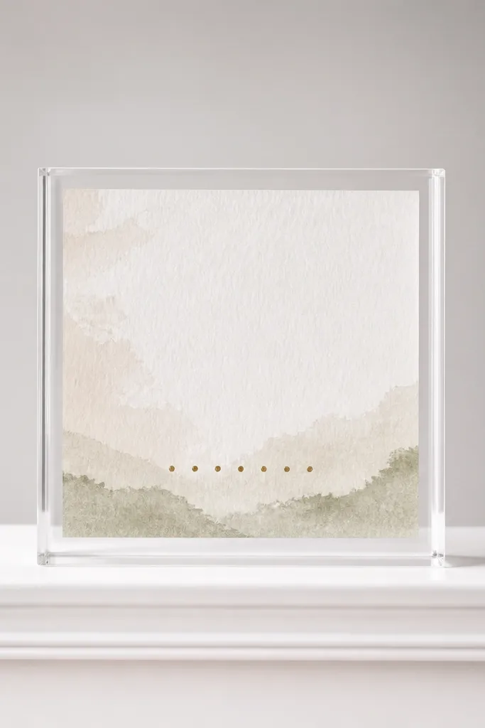 A clear acrylic block holding a scripture print above a white board. The acrylic block is centered, and behind it is a pale gray gradient background. Small gold dots appear in a subtle line under the print.