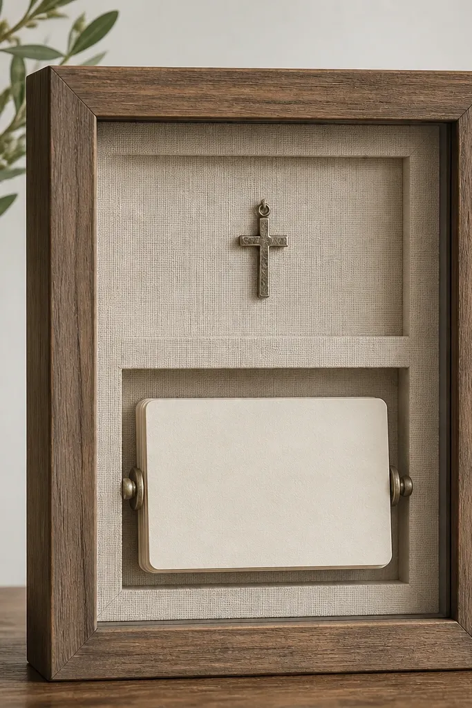 A 16x20 shadow box style frame with a linen backing. The top level holds a small cross charm. The bottom level holds a rotating verse card behind a clear pane.