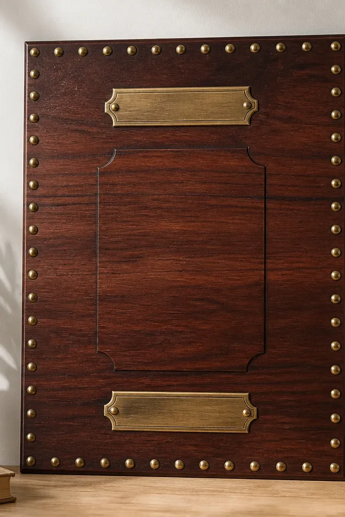 A 14x18 board with rosewood stain. Two small engraved-look plaques sit above and below a center verse. Matching brass nail heads line the edges.