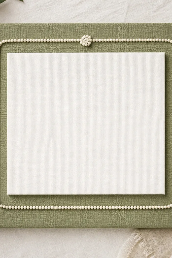 A sage green linen prayer board. A raised white rectangle scripture mat sits in the center. A white bead chain is arranged into a thin border around the rectangle, with a small knot at the top center.