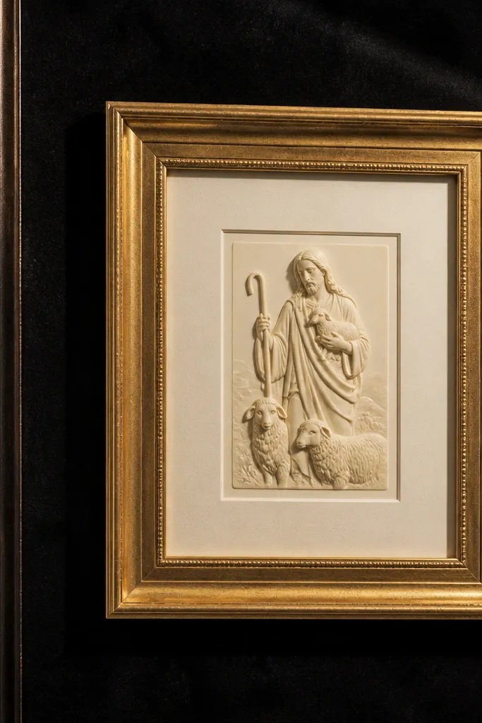 A gold picture frame mounted on a black velvet backing board. Inside the frame is a raised scripture print on a cream mat. The velvet background has a soft pile and the frame casts a shadow.