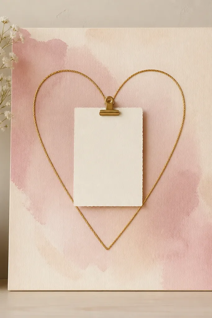 A 12x16 board with a soft watercolor wash in dusty pink and cream. A gold thread outlines a simple heart shape around the verse. A single small prayer card hangs from a gold mini clip.