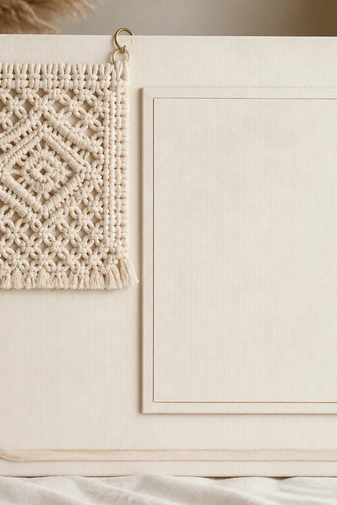 A warm ivory board with a raised center scripture mat. In the top left corner hangs an ivory macrame square panel. Two small brass rings connect the macrame to the board, and a thin cream ribbon runs along the bottom edge.