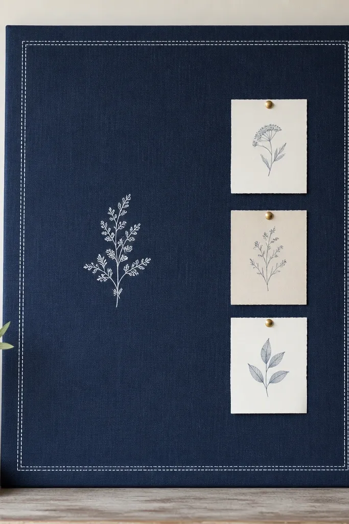 A 16x20 navy linen board with a white stitched-look border. Inside the border, a simple white verse and three small pinned cards aligned vertically.