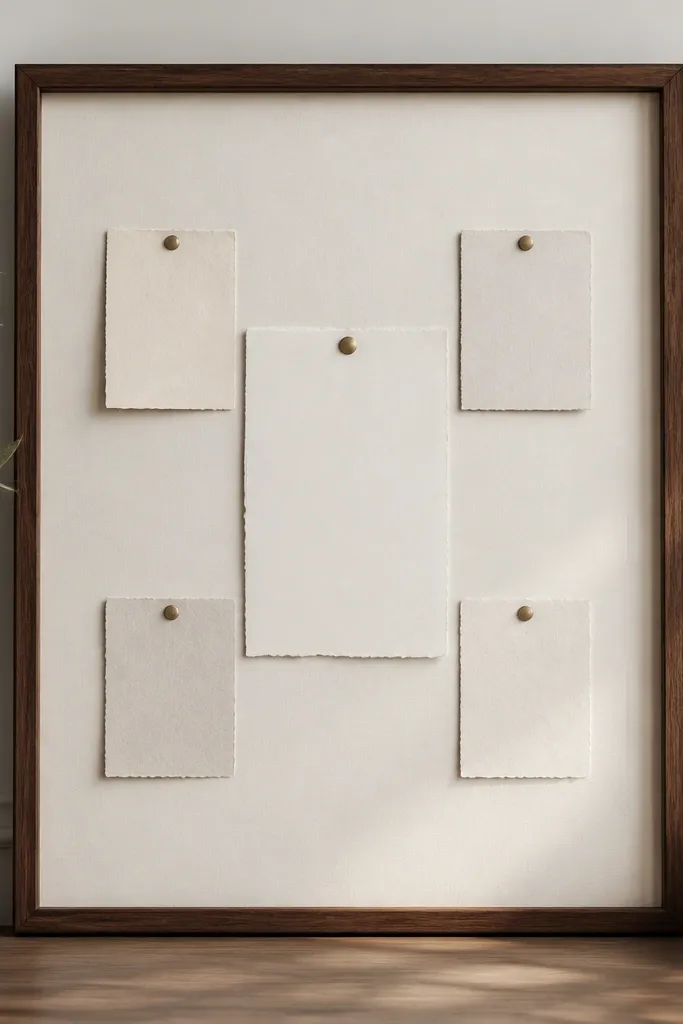 A 12x16 board with a thin walnut frame. Inside is cream mat board. A central verse is printed on off-white card. Brass pins hold four small prayer notes in a neat cross pattern.