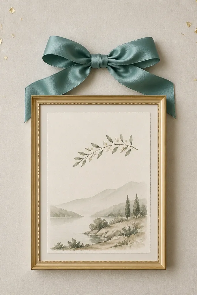 A neutral greige board with a centered gold-toned frame containing a scripture print. A teal silk ribbon bow sits just above the frame. Tiny gold leaf specks appear around the top corners.