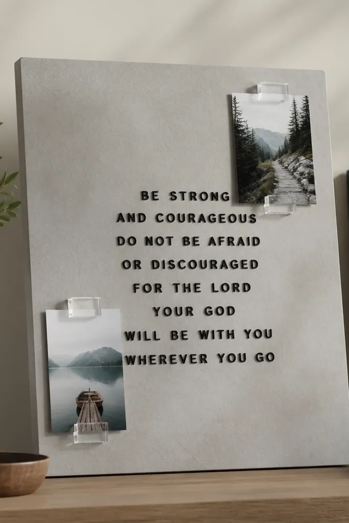 A 16x20 board covered in cement-effect paper in stone gray. Black acrylic letters spell a central verse. Small clear acrylic blocks hold two photo cards.