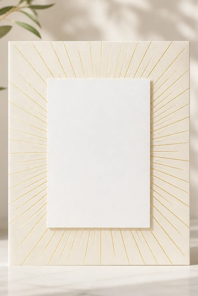 A pale cream board with a gold sunburst paper border behind the raised scripture panel. The sunburst radiates outward in thin rays. The scripture panel is black text on white, centered and raised.