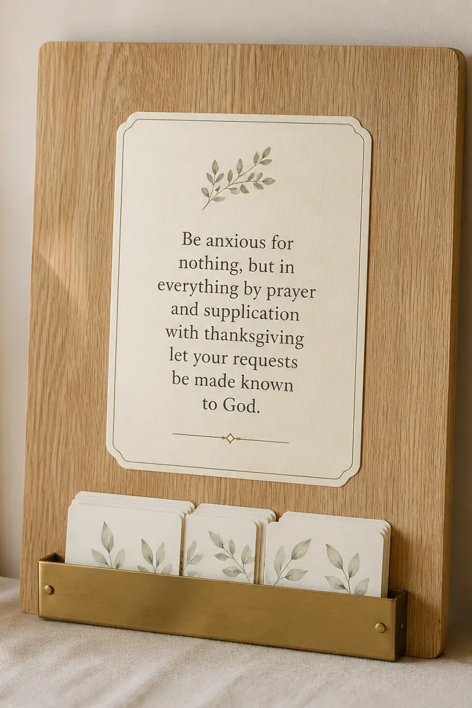 A 14x18 light oak board with a small brass letter tray along the bottom. Multiple prayer cards slide into the tray. A centered verse is vinyl on a cream label.