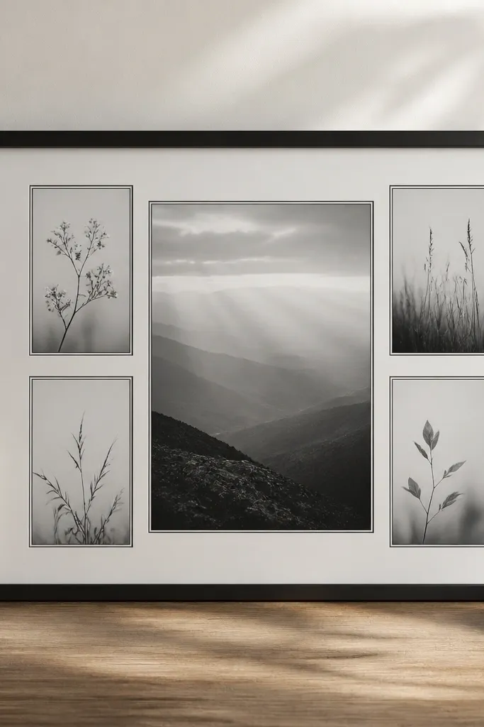 A 16x20 board with a monochrome layout. Four mini frames hold verses in black on white. A larger center frame holds a longer prayer.