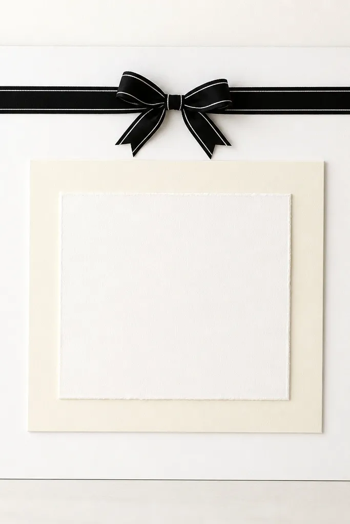 A white board with a thin black monogram ribbon banner across the top. The center has a raised scripture print in a cream mat. Small black and gold dot stickers appear only in the corners.