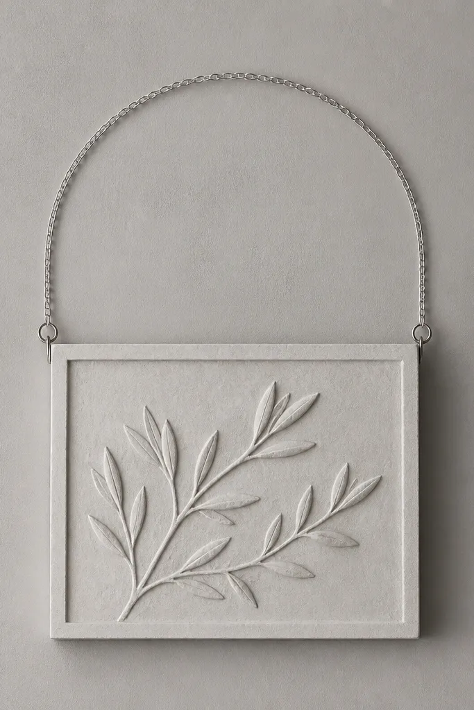 A light gray board with a centered raised scripture print. A thin silver chain forms a partial halo shape above the rectangle. The chain ends are attached with tiny silver hooks on both sides.