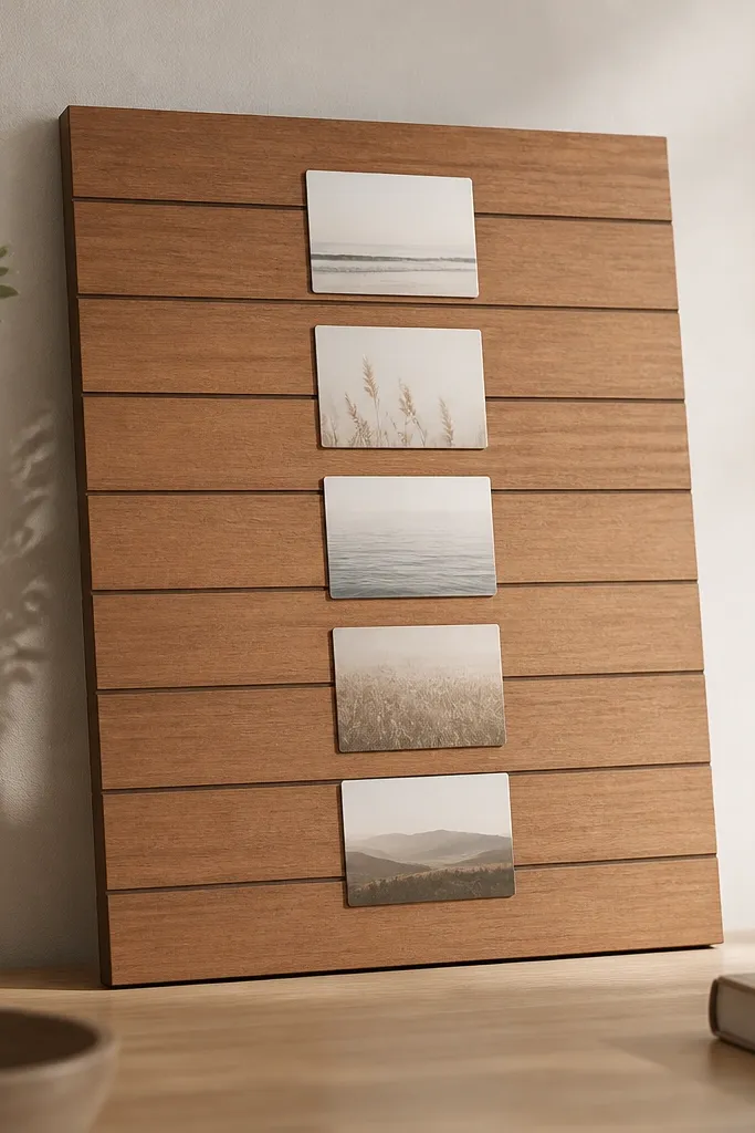A 16x20 board with teak-colored slats. A thin hidden magnet strip runs along the center. Several slim verse cards attach with magnets and lie flush.