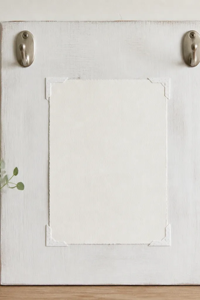 A 12x16 board with white wash background. Brushed nickel hooks sit in the top corners. A white washi divider corner frames a central verse card.