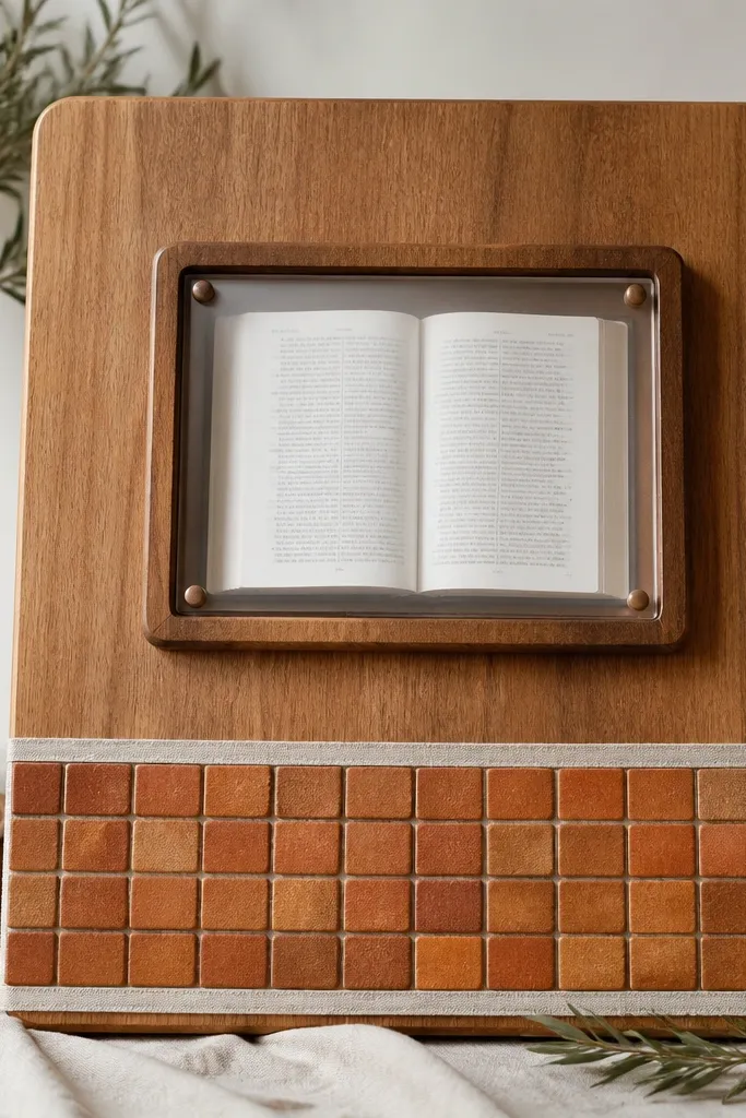 A warm wood prayer board with a grid of small terracotta tile squares in the bottom third. The center has a raised scripture window with a clear plastic cover. A thin linen ribbon runs along the tile border.