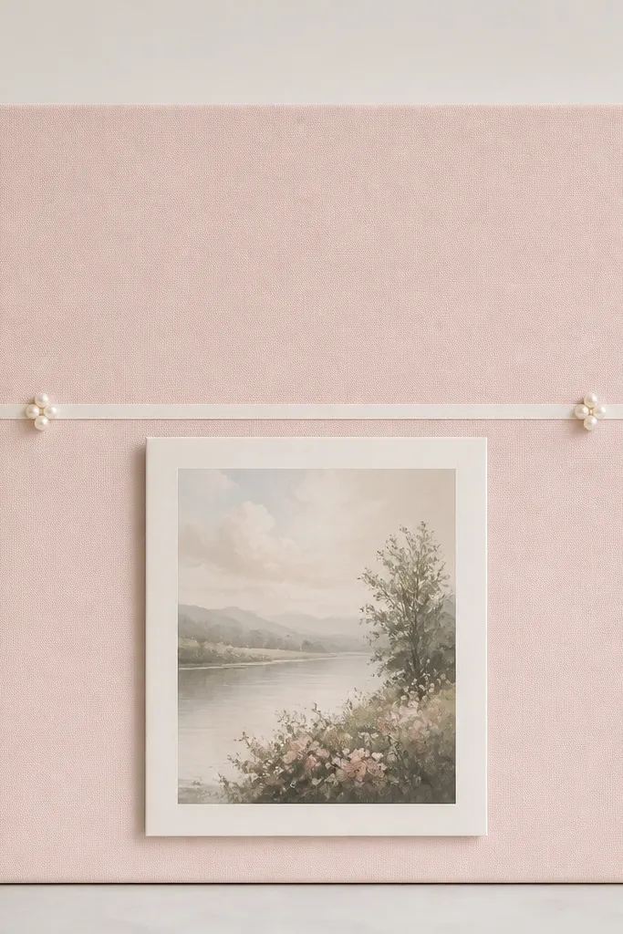A blush pink board with a thin white ribbon crossbar across the center. Two small pearl clusters sit at the ends of the crossbar. The scripture print hangs centered below on a raised mat.