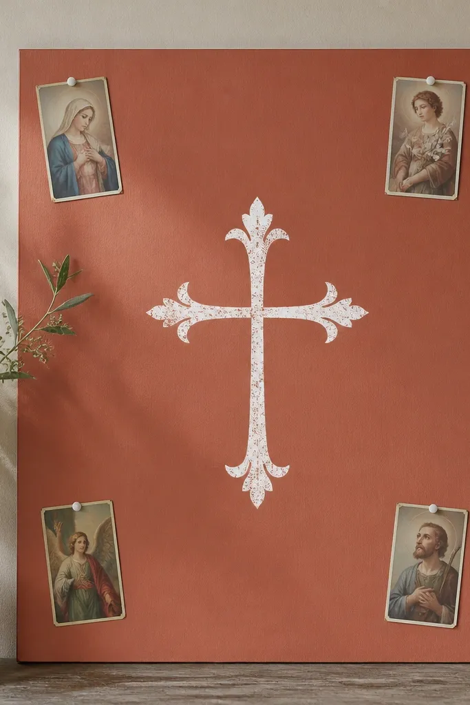 A 16x20 board painted terracotta clay. A white stenciled cross sits centered. Four small prayer cards are pinned at the corners with white pins.
