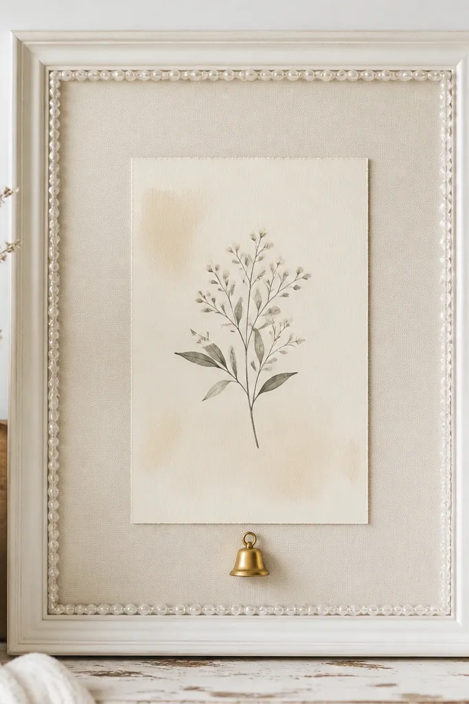 A 16x20 pearl white framed board. Around the inner edge is a thin glass bead garland. Center has a printed verse on a soft beige card, with one small bell clip at the bottom.