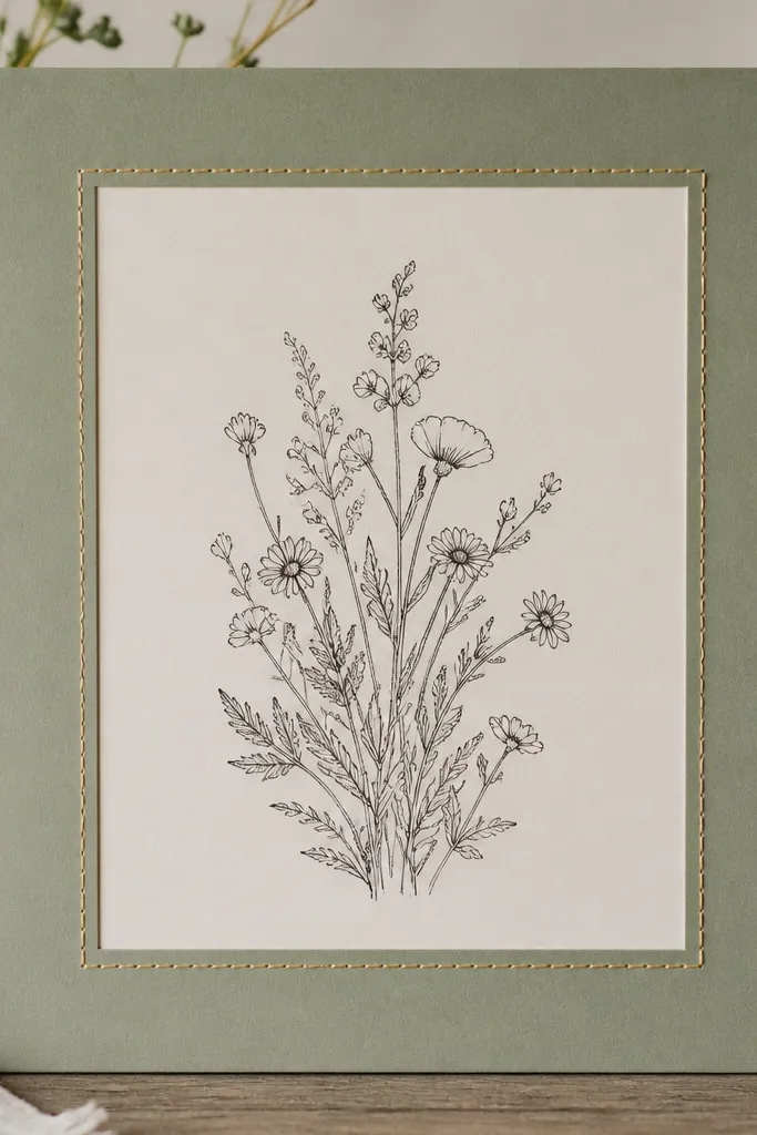 A sage green board with a raised cream mat. Around the cream mat is a thin stitched border made with gold thread, like a hand-sewn frame. The scripture print sits in the center in black ink.