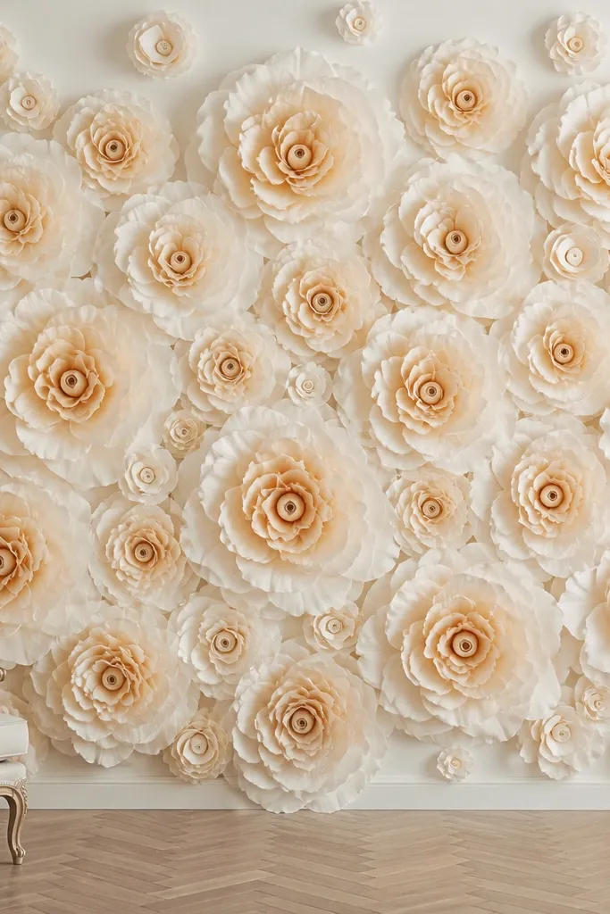 A full wall covered in large tissue paper flowers that fade from ivory at the edges to champagne in the centers, with small tight rolled-bud centers in the same warm tones. The flowers are arranged in clusters with minimal gaps, and a few single blooms are placed higher on the wall.
