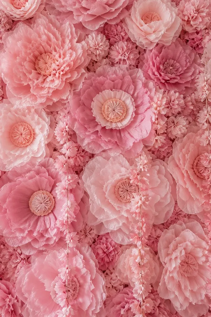 A dense wall of pink tissue paper flowers in different shades of rose quartz and blush. Several blooms have peach-colored center rings that look like satin circles, and the overall arrangement includes a few trailing lines of smaller flowers.