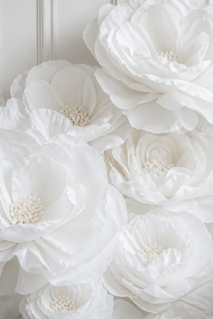 All-white tissue paper flowers with layered petals create a sculpted, shadowed effect. The centers have small pearl-like dots clustered tightly, and the blooms vary slightly in size to create depth.