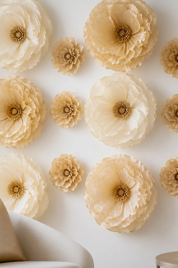 Cream and dusty gold tissue paper flowers with subtle shimmer along the petal edges. The centers are darker gold, and the wall layout alternates large blooms with smaller ones in a neat grid-like rhythm.
