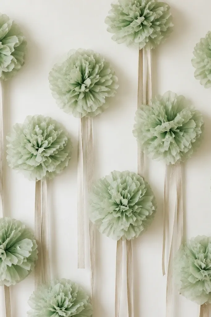 Soft sage green tissue paper flowers with layered petals. Thin linen-texture ribbons hang beneath some blooms, creating gentle vertical lines on a light background, with a few blooms placed higher than the rest.