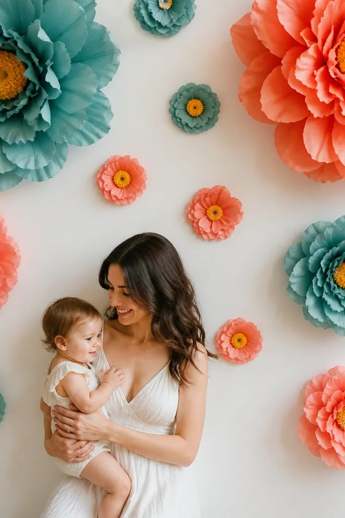 Large teal and coral tissue paper flowers with bright yellow centers shaped like mini sunflower disks. The wall includes a few oversized blooms in the top corners and smaller flowers sprinkled between.
