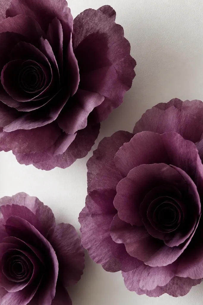 Deep plum tissue paper flowers on a light wall with darker plum edges that look velvety. The petals have a soft gradient toward the tips, and the centers are darker and tightly rolled.