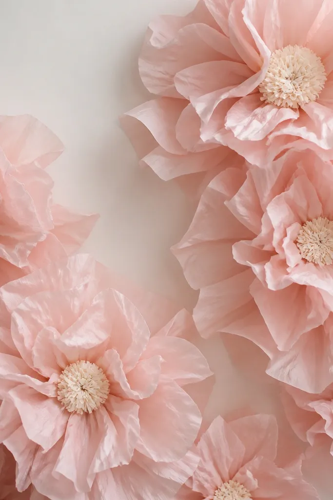 Large blush tissue paper flowers with ruffled, layered petals that curl in multiple directions. The centers are creamy and tight, and the wall has a soft peony look with clusters and negative space.