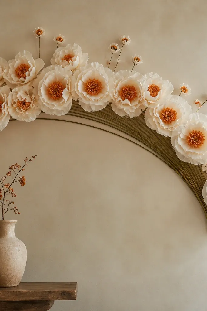 An arrangement of ivory tissue flowers and terracotta inner petals forming an arc across the wall. The stems are aligned to create a curved band, and a few small blossoms sit at the top of the arc.