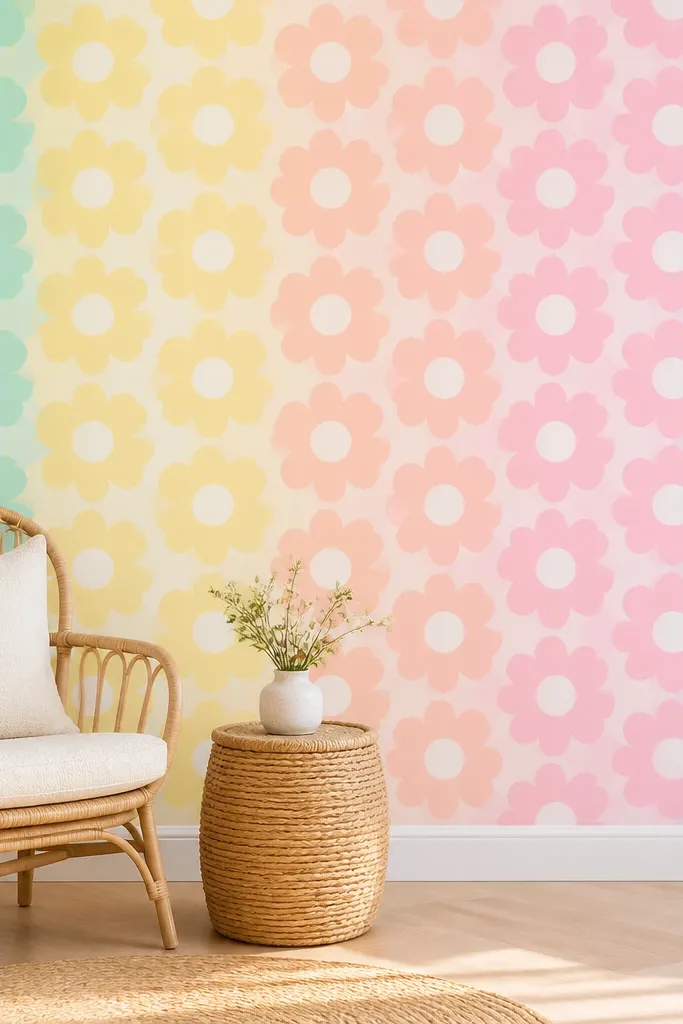 A rainbow gradient wall where each color band has the same flower shape and size. Pastel colors include mint, pale yellow, peach, light pink, and lavender, with consistent centers in white.