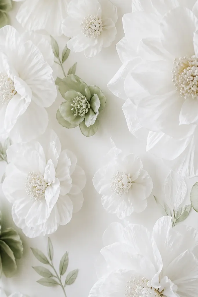 White tissue paper flowers with tiny clustered centers that look like pearl droplets. The wall uses mostly white and a few pale green accents, with a soft airy spacing between blooms.