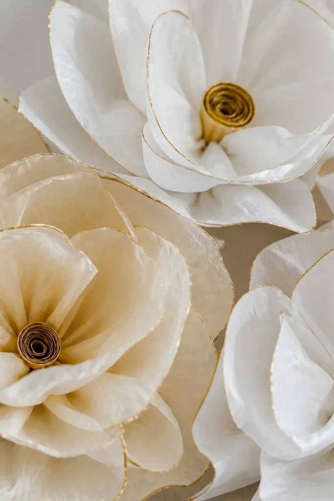 Tissue paper flowers in cream and warm white with thin gold metallic tape applied along select petal edges. The tape lines catch light, and the centers are rolled and lightly tinted gold.